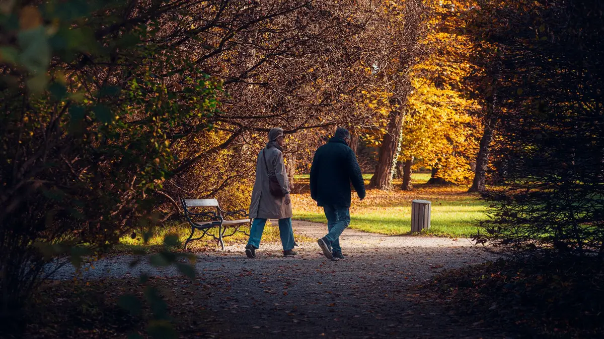 Senior couple walking through a park in autumn