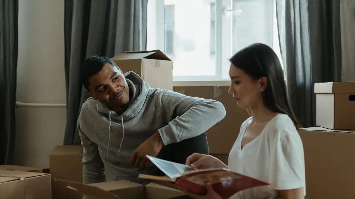 Moving boxes in a new home