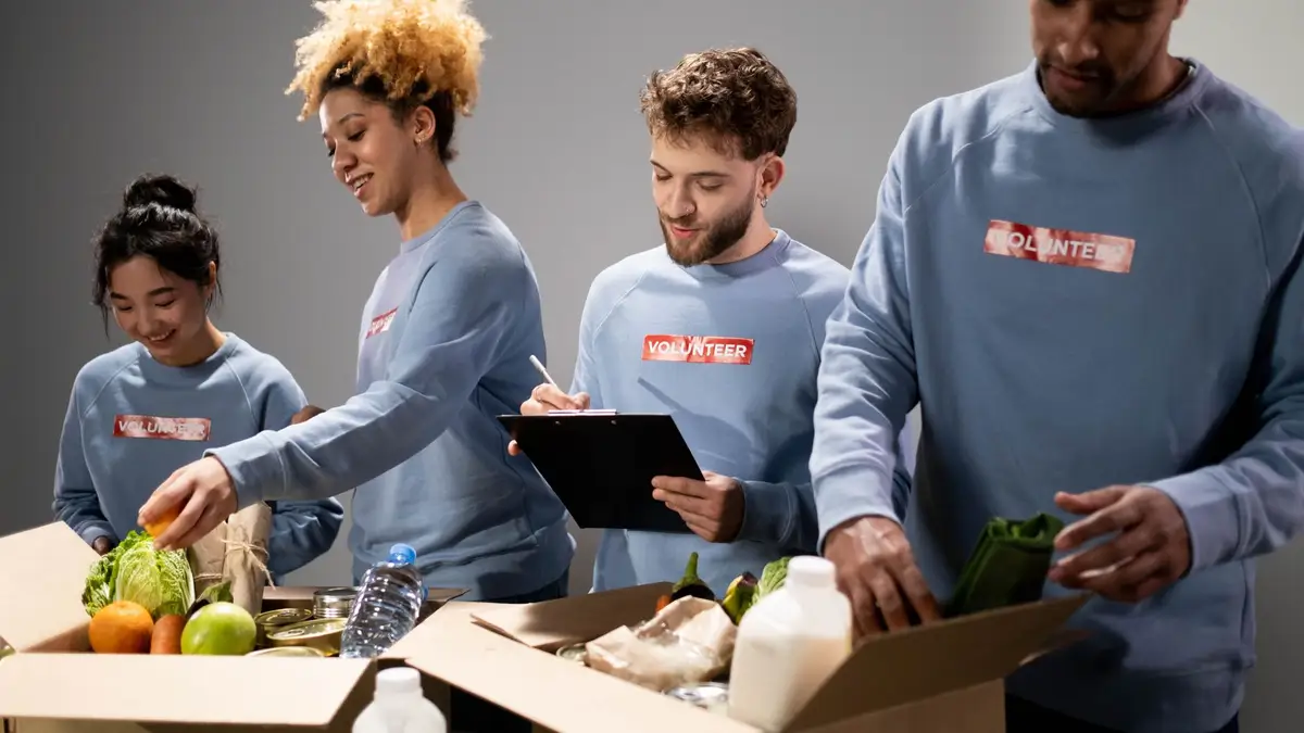 Senior volunteers sorting food at a food bank