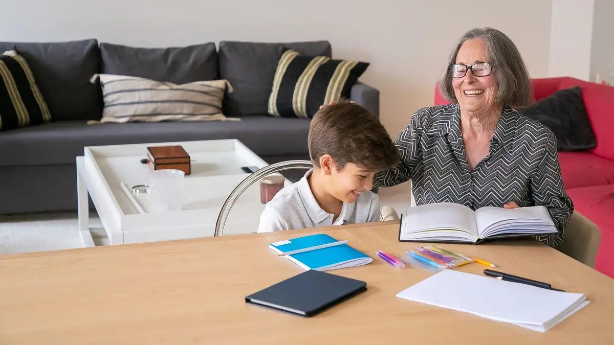 Grandmother helping her grandchild with homework