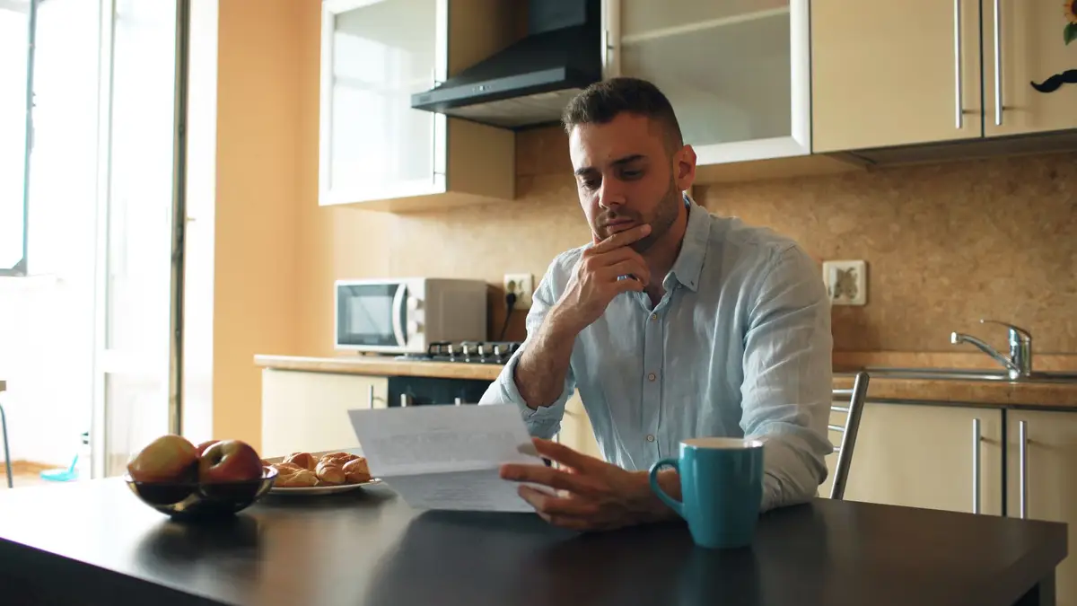 Retired man reading a letter at his kitchen table
