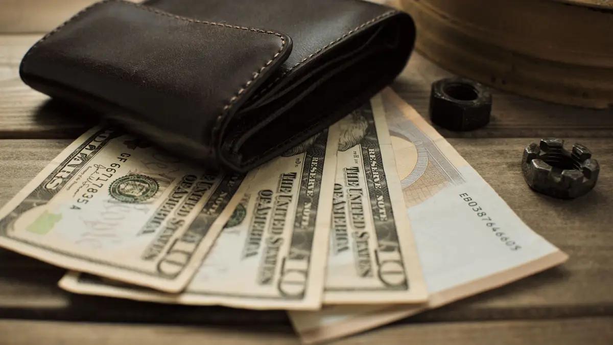 Dollar bills tucked into a leather wallet